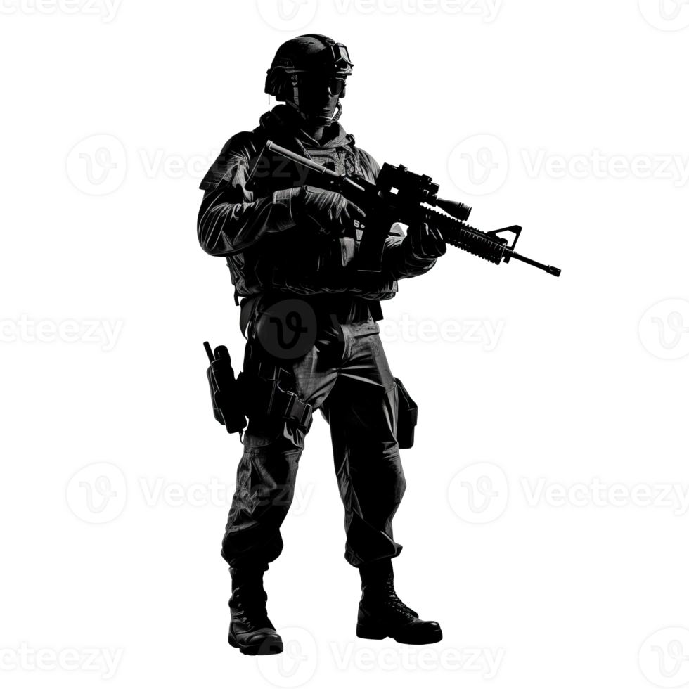 Silhouette of a soldier in tactical gear holding a gun png
