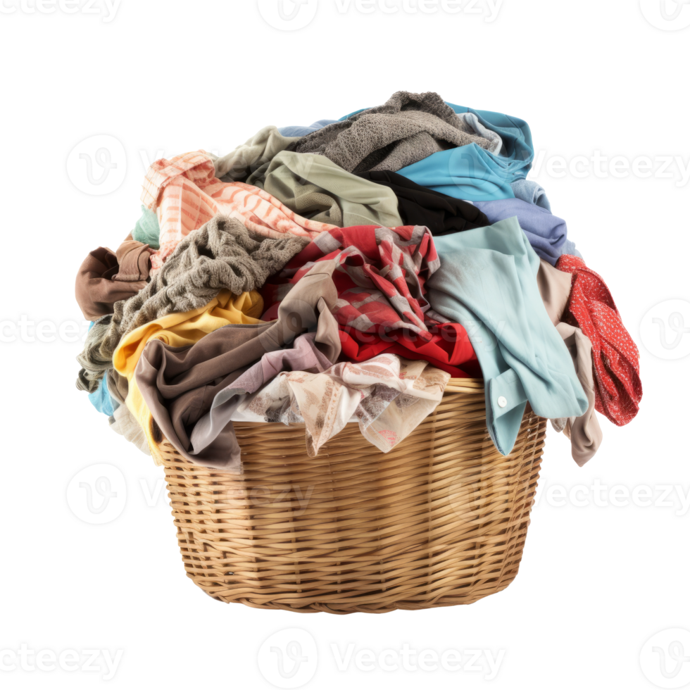 A basket overflowing with assorted laundry clothes and textiles. png