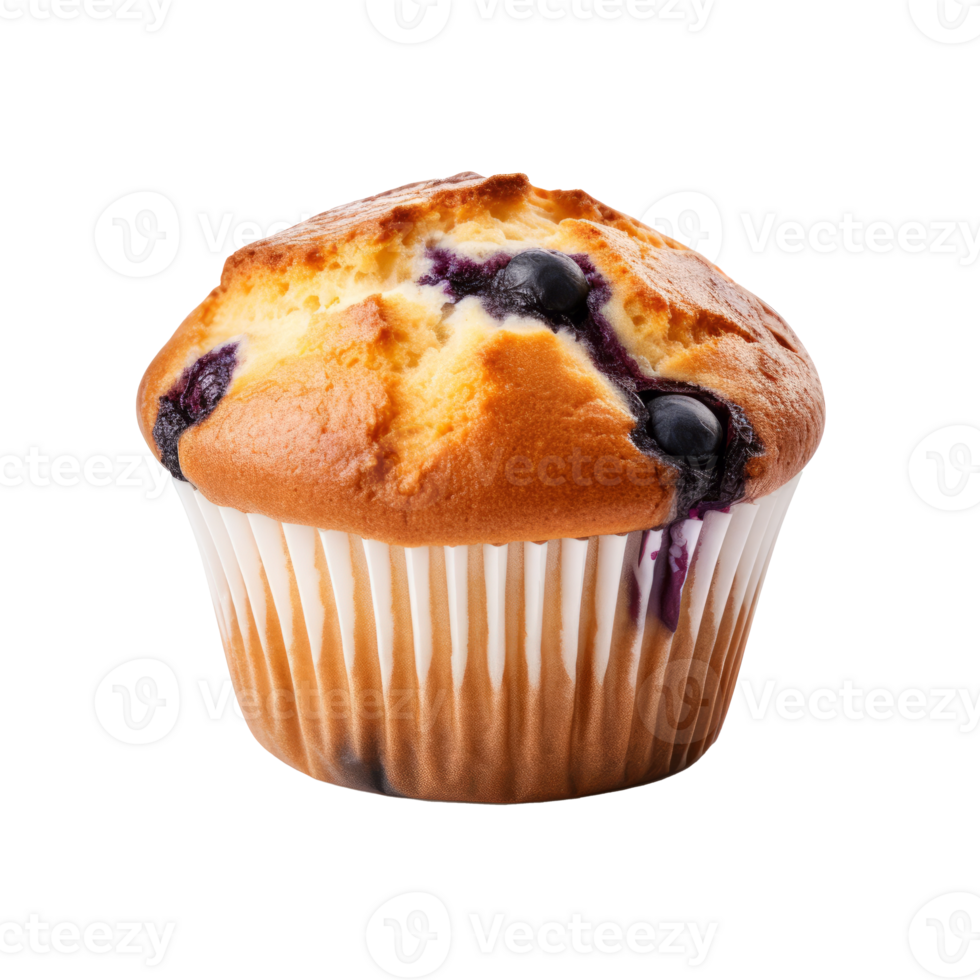 Freshly baked blueberry muffin with a golden top and white wrapper png