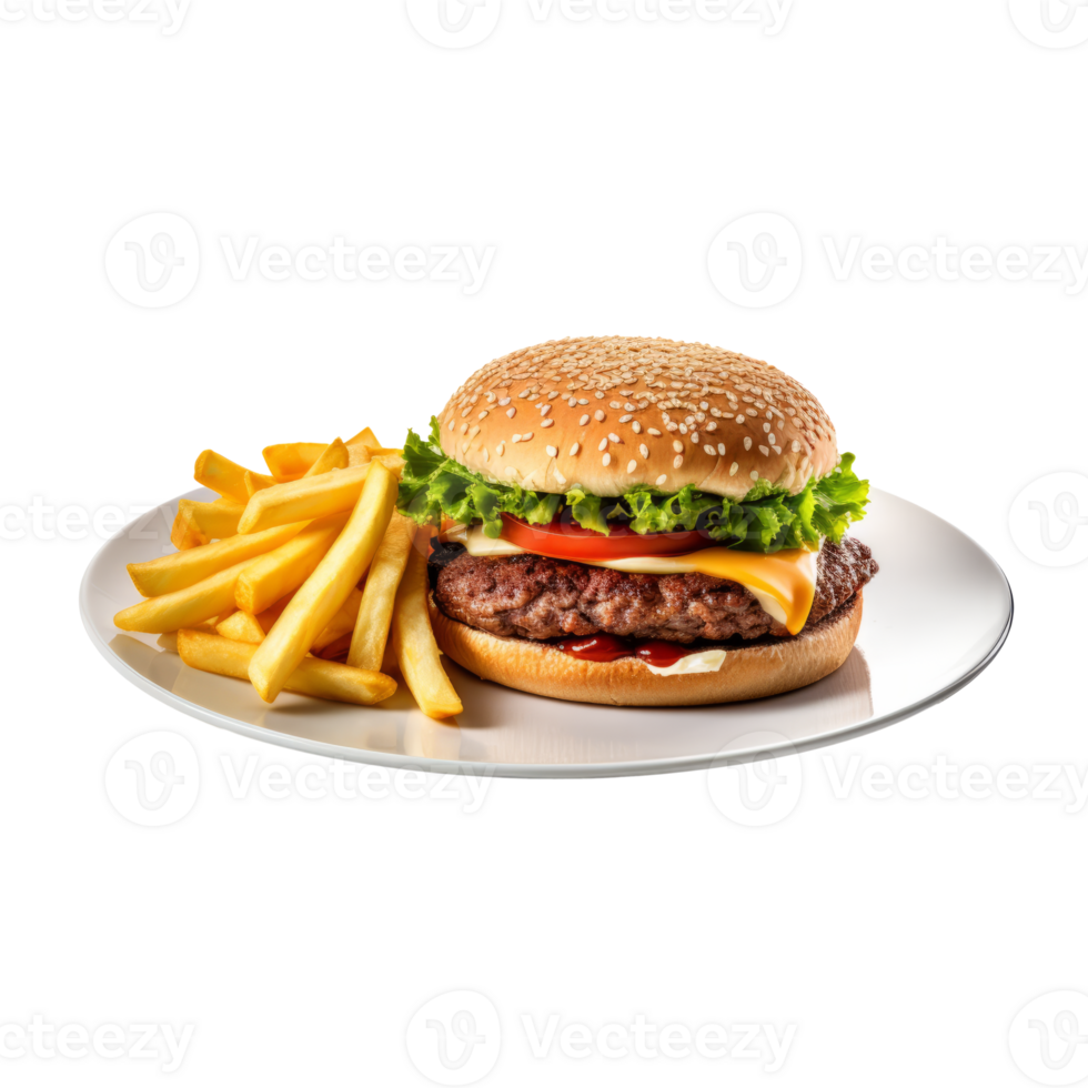 Delicious cheeseburger with lettuce, tomato, and fries on a plate png