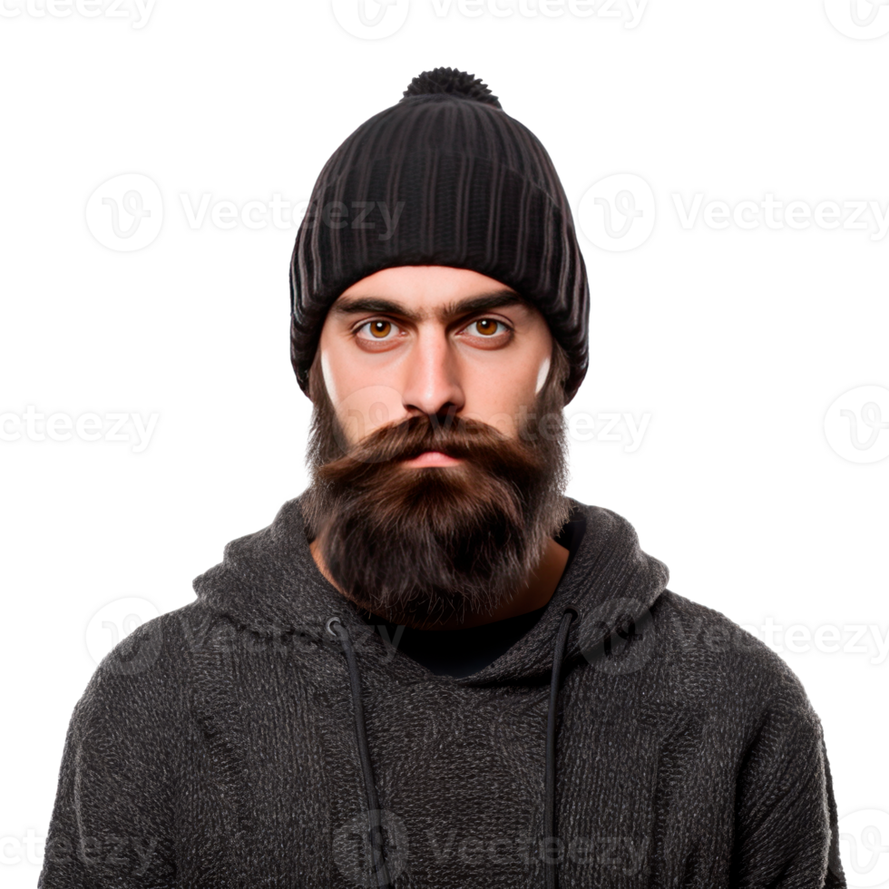 A stylish man with a beard wearing a beanie and hoodie. png