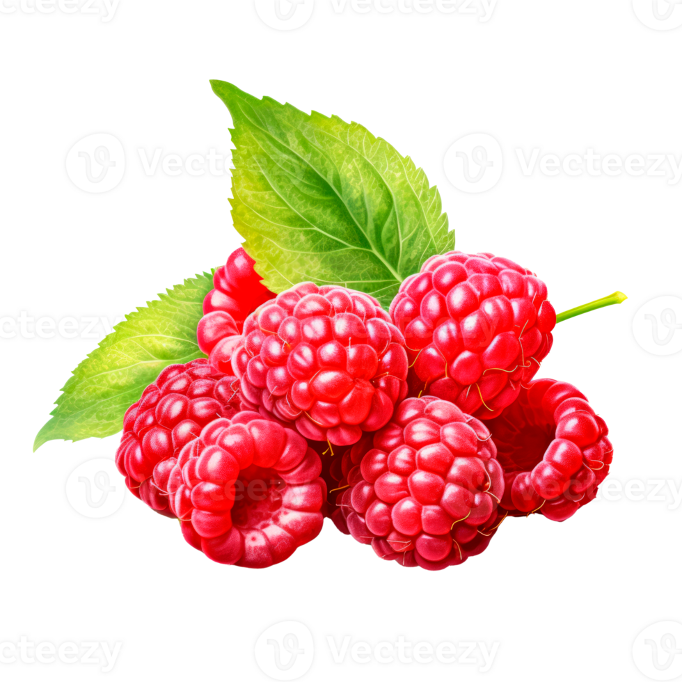 A cluster of fresh red raspberries with green leaves on a transparent background. png