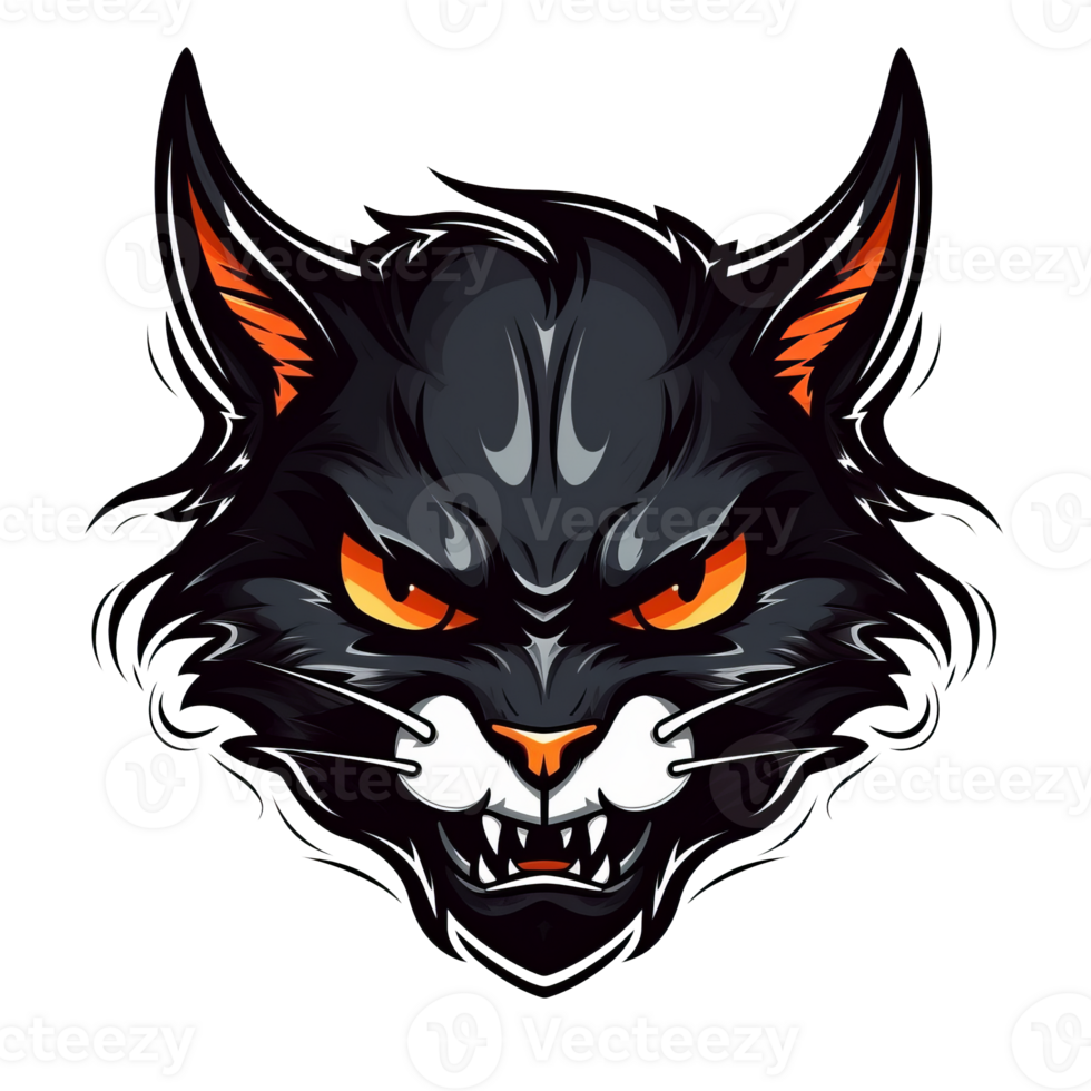 Stylized black cat head with fierce expression and bright orange eyes png