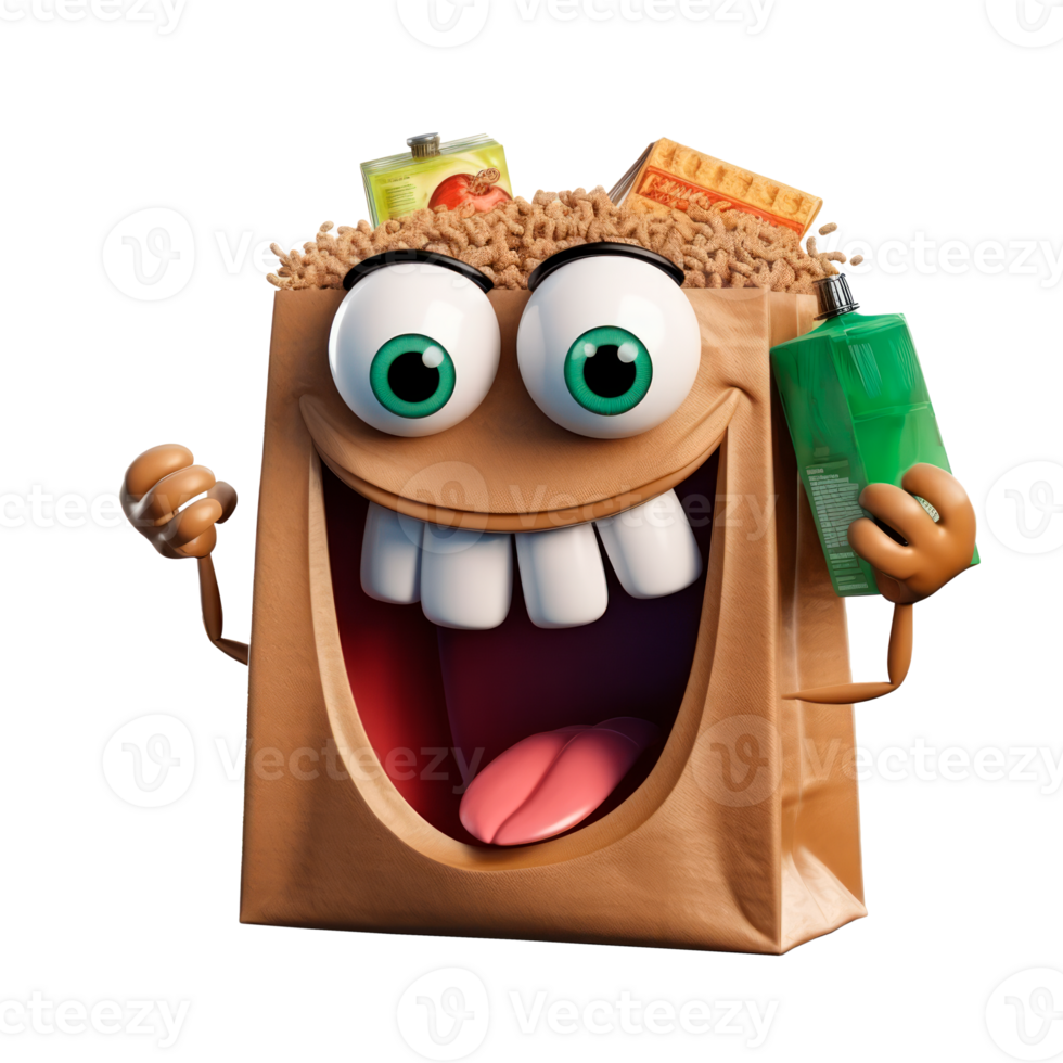 A cheerful cartoon grocery bag character with food items and a big smile. png