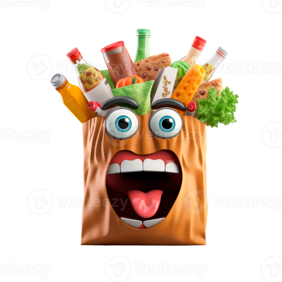 A cartoonish grocery bag filled with happy food items and drinks. png