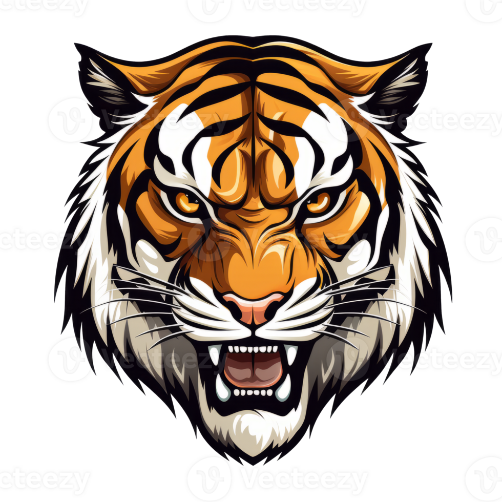 Fierce tiger head illustration with bold colors and expressive features png