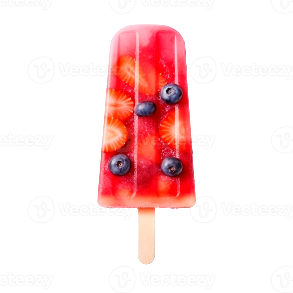 Colorful fruit popsicle with strawberries and blueberries on a wooden stick png
