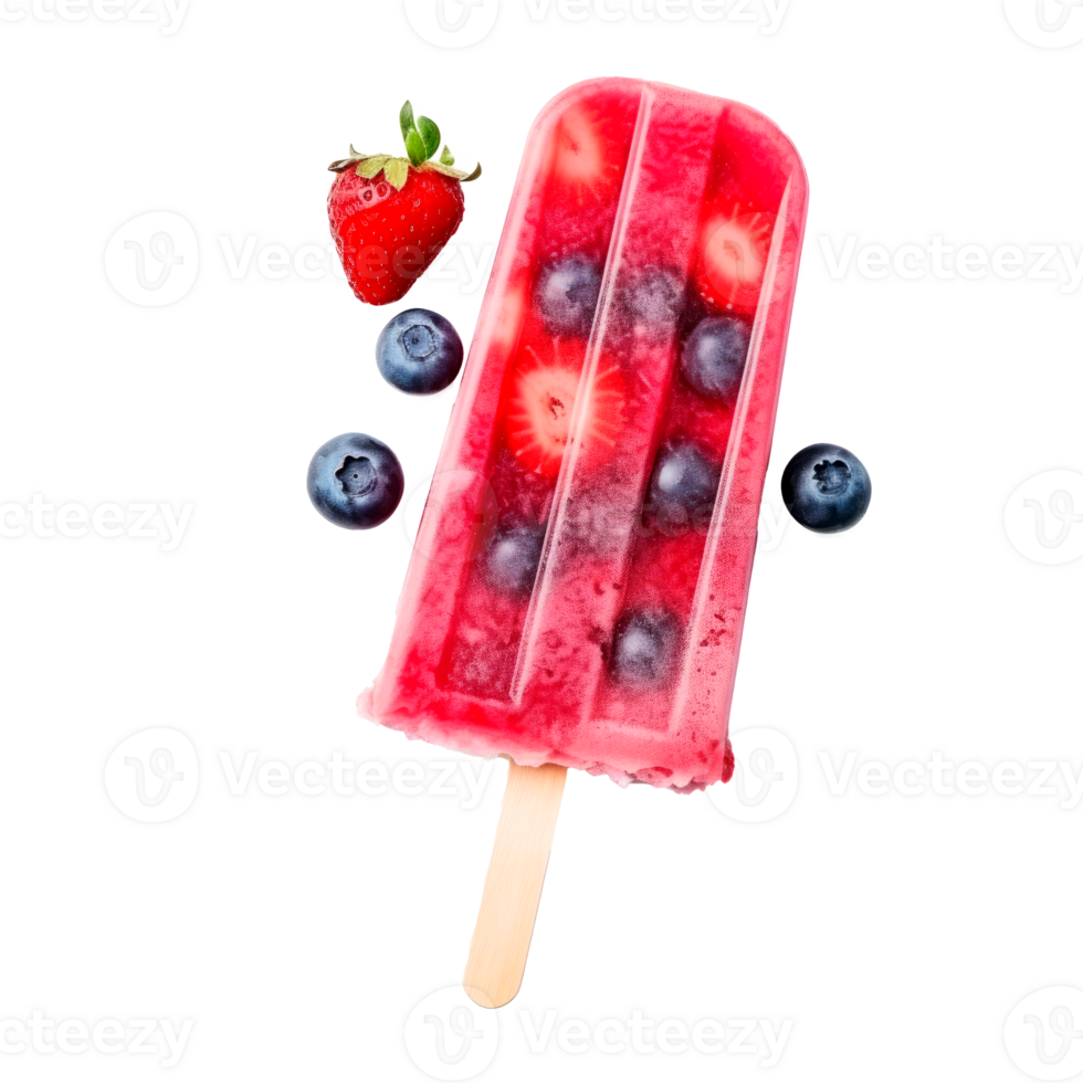 Colorful strawberry blueberry popsicle on a stick with fresh berries png