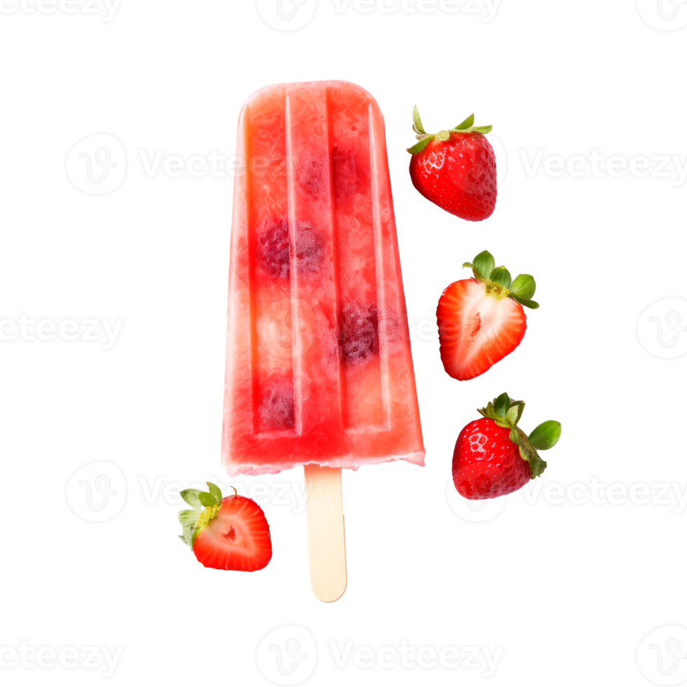 A vibrant strawberry popsicle with fresh strawberries on a transparent background png