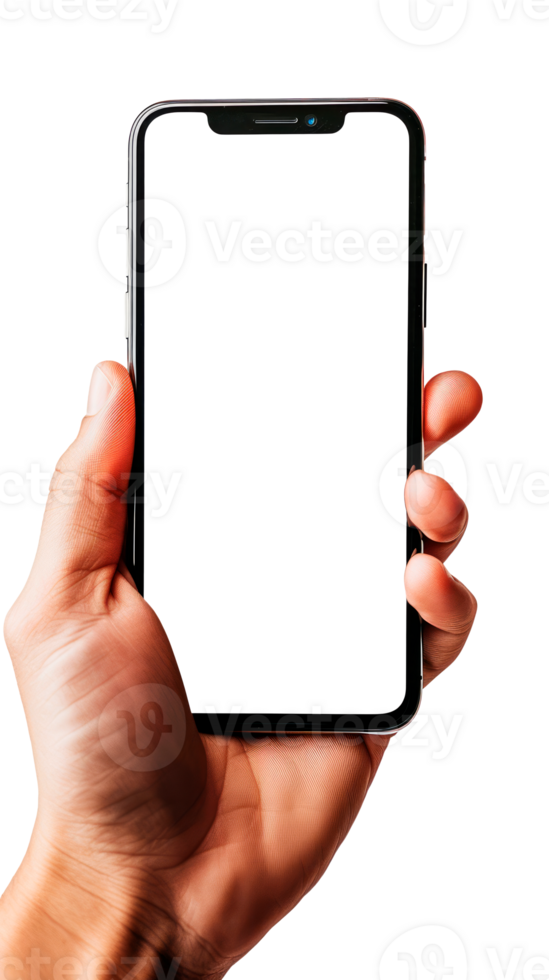 Hand holding a blank smartphone isolated on a transparent background png