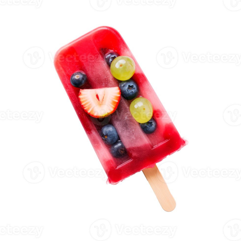 Colorful fruit popsicle with strawberries blueberries and grapes on a stick png