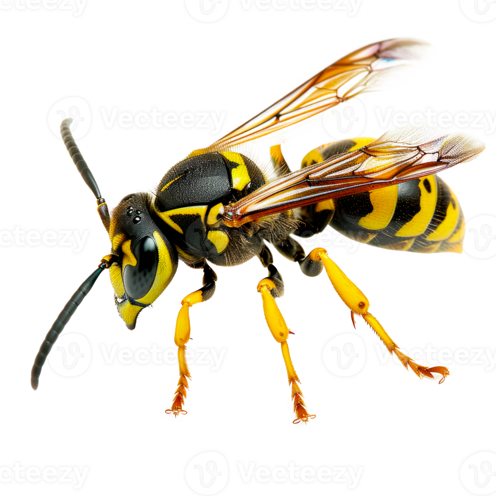 Detailed close-up of a yellow and black wasp insect isolated on transparent background. png