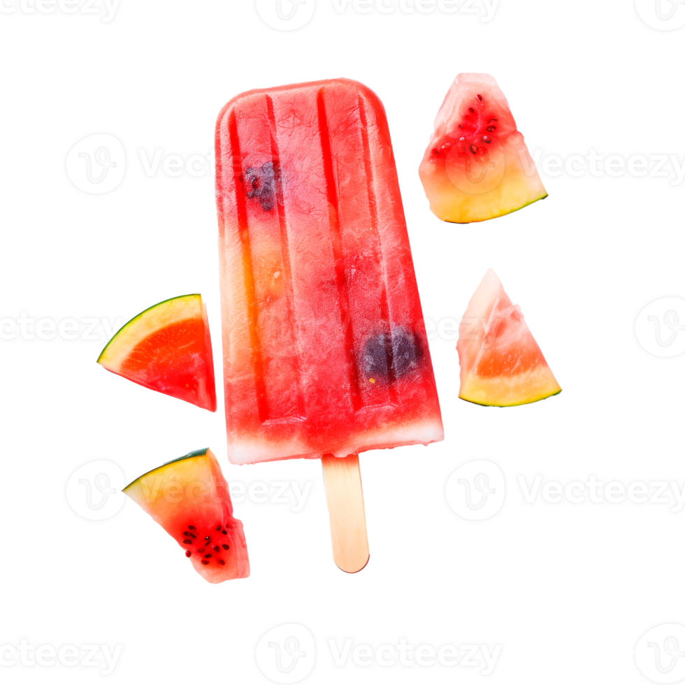 Colorful watermelon popsicle surrounded by fresh watermelon slices png
