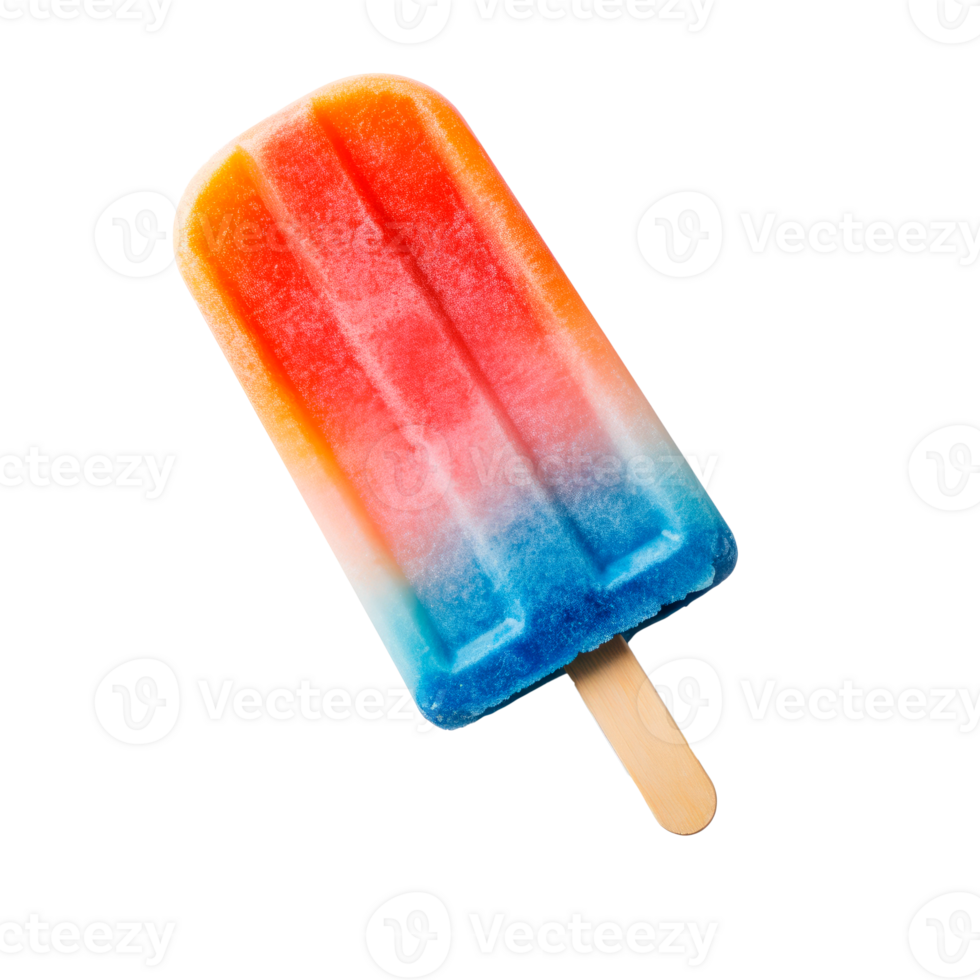 Colorful popsicle in red blue and orange on a wooden stick png