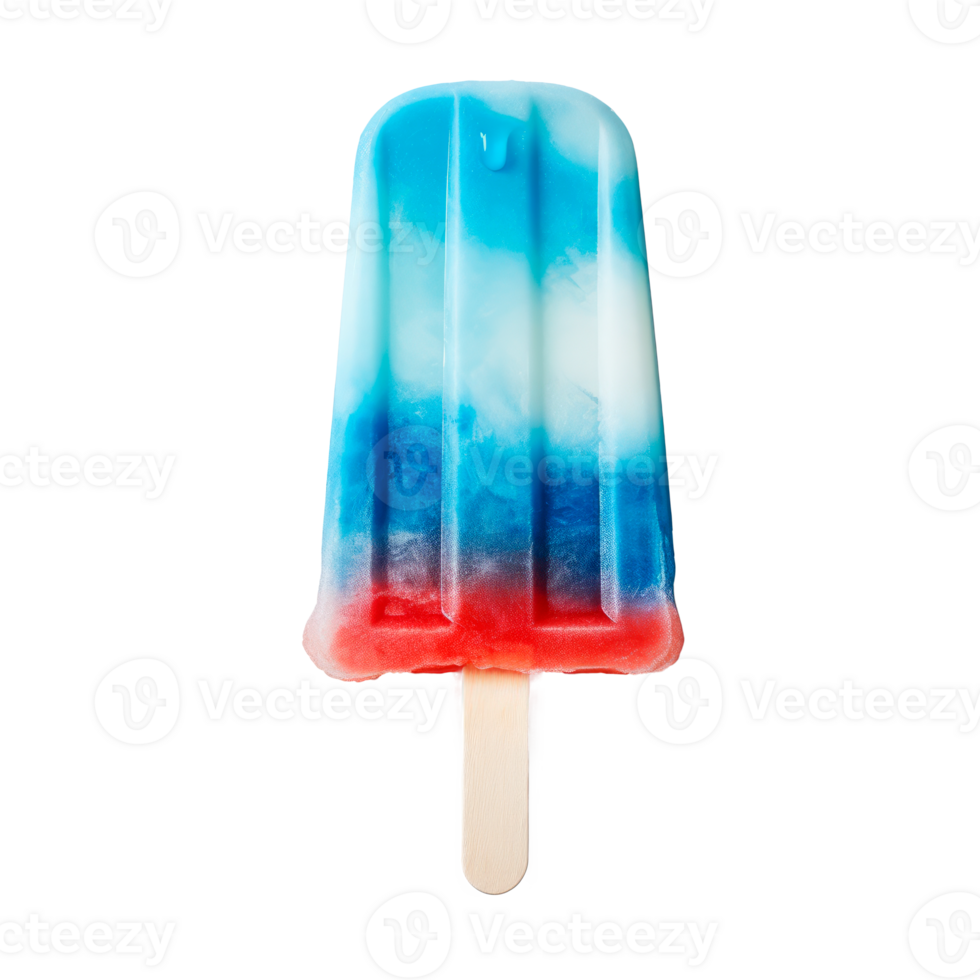 Colorful frozen popsicle with red white and blue layers on a stick png