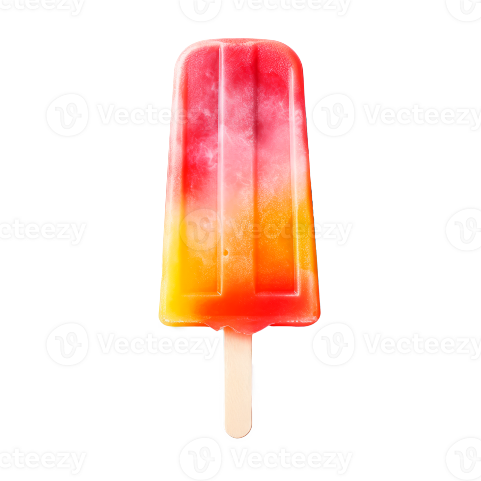 Colorful frozen popsicle with red and yellow layers on a stick png