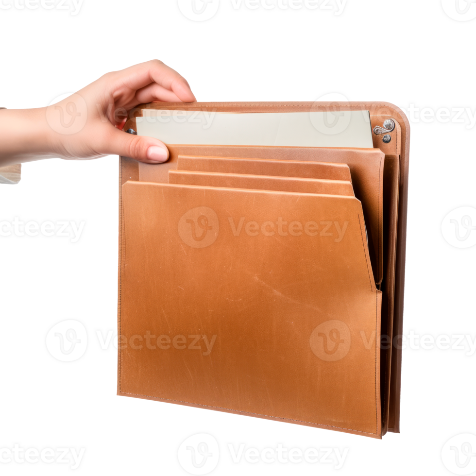 A hand holding a brown folder with documents inside for office use png