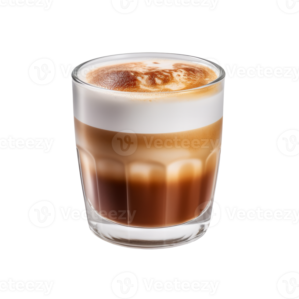 A delicious latte with layers of milk and coffee served in a glass. png
