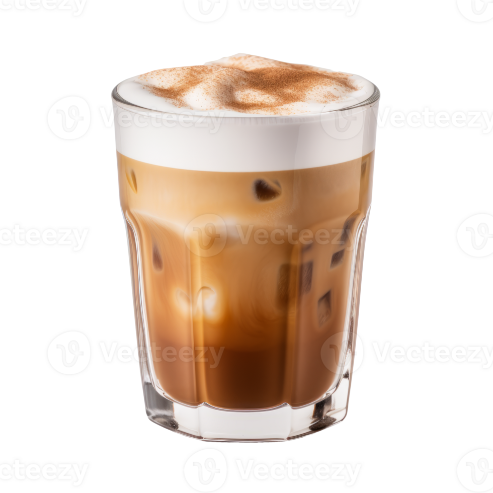 A refreshing iced coffee drink in a clear glass with froth and cinnamon. png