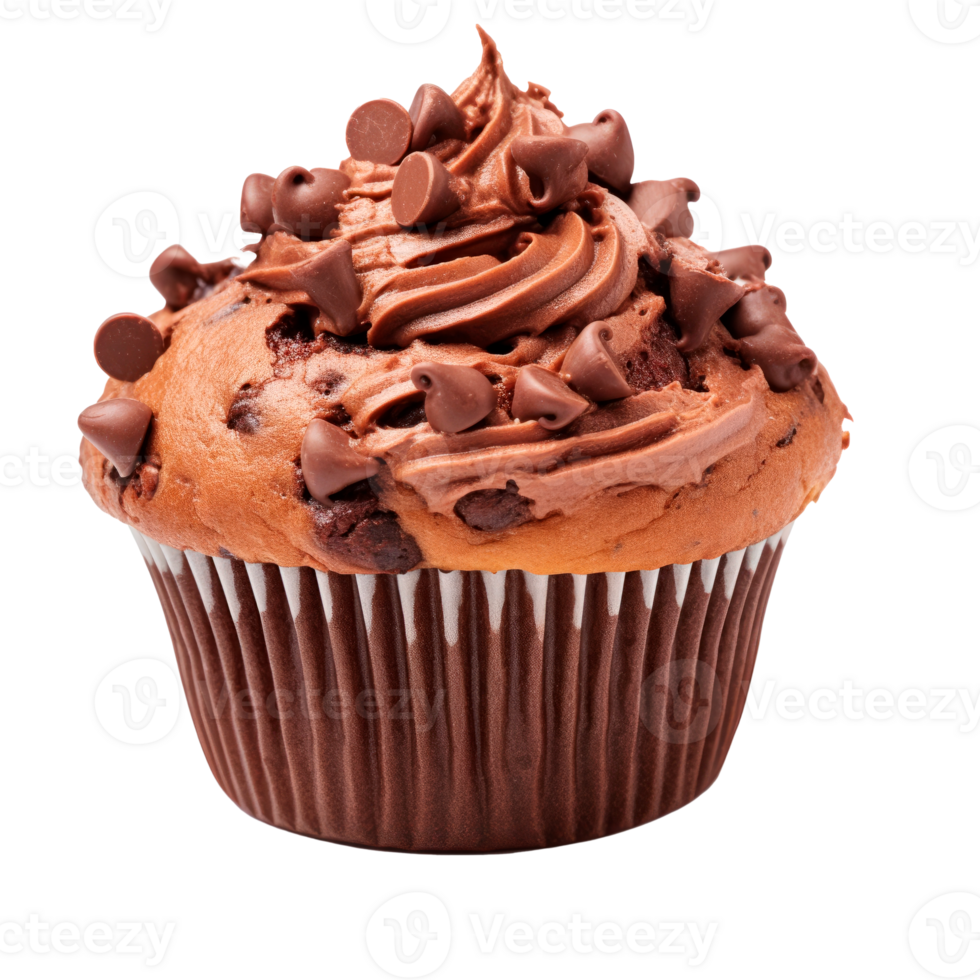 Delicious chocolate cupcake topped with rich chocolate frosting and chips png