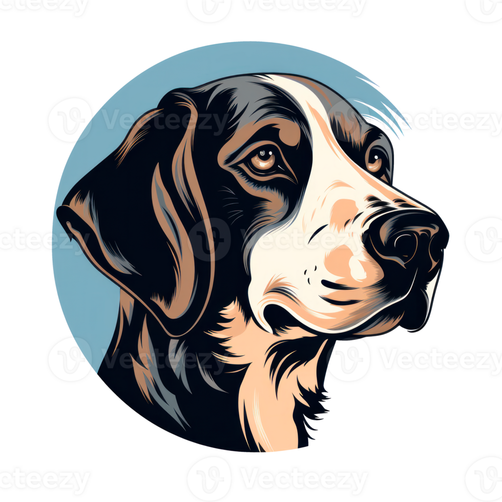 Stylized portrait of a dog with a friendly expression on a blue background. png