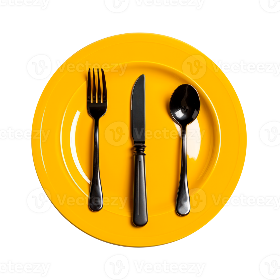 Yellow plate with black cutlery including fork knife and spoon png