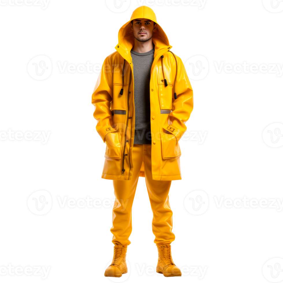 A man wearing a bright yellow waterproof raincoat and pants. png