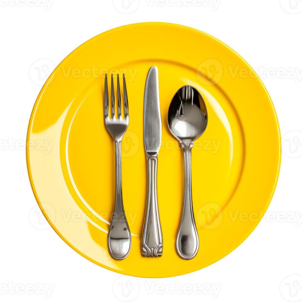 A vibrant yellow plate with silver cutlery arranged neatly. png