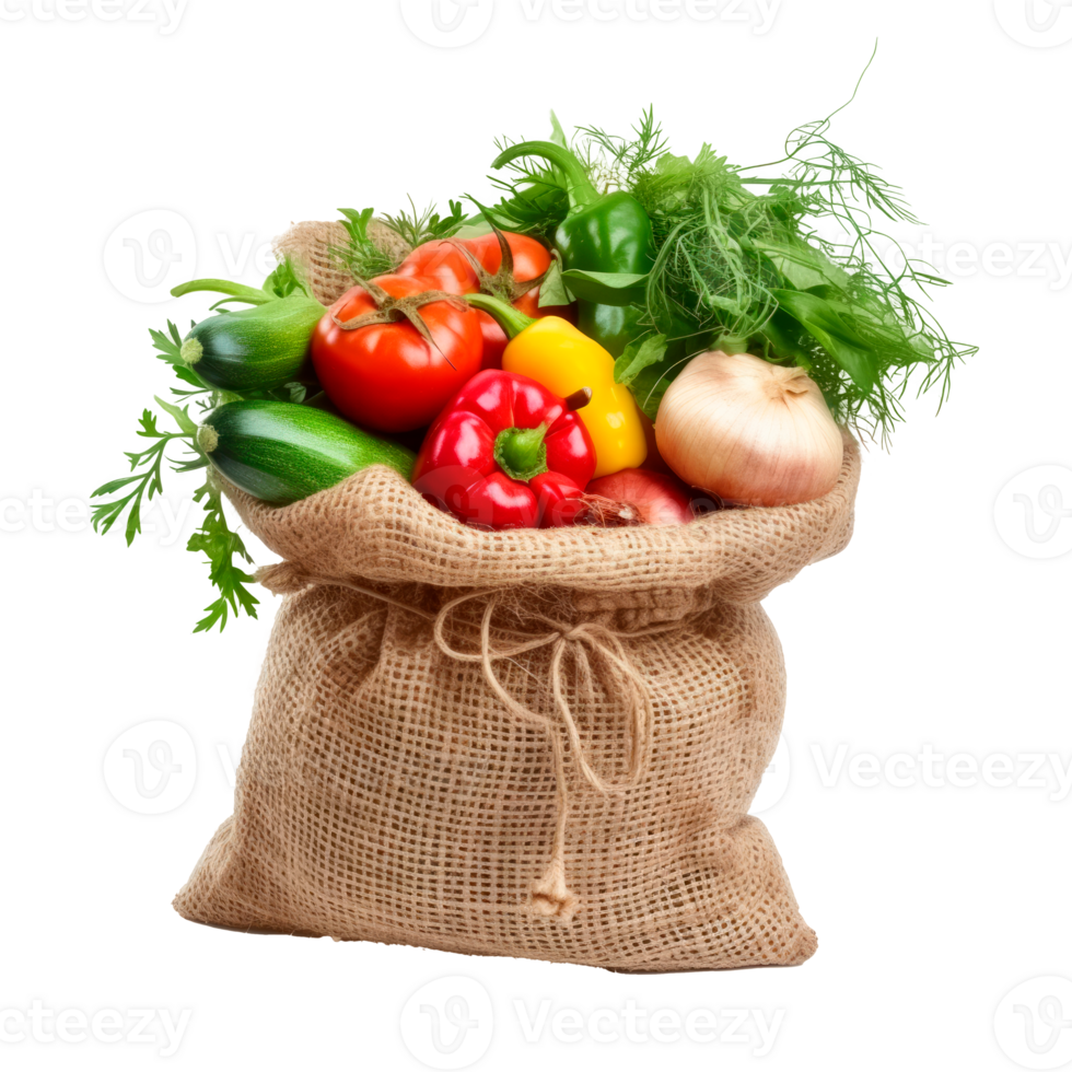 A burlap sack filled with fresh assorted vegetables and herbs png