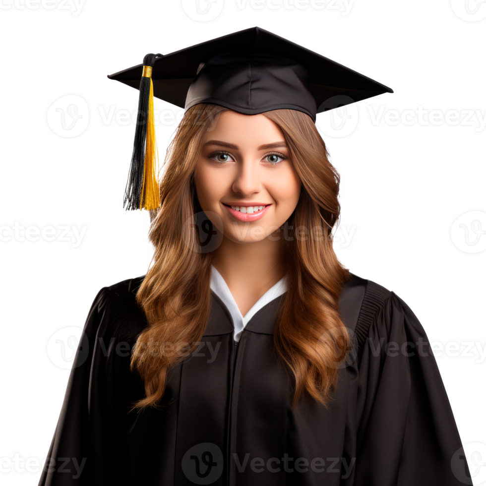 A smiling female graduate wearing a cap and gown celebrating her achievement png