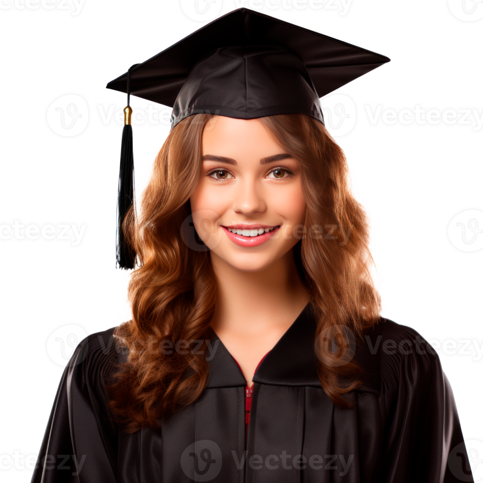 Smiling female graduate in cap and gown celebrating academic achievement png