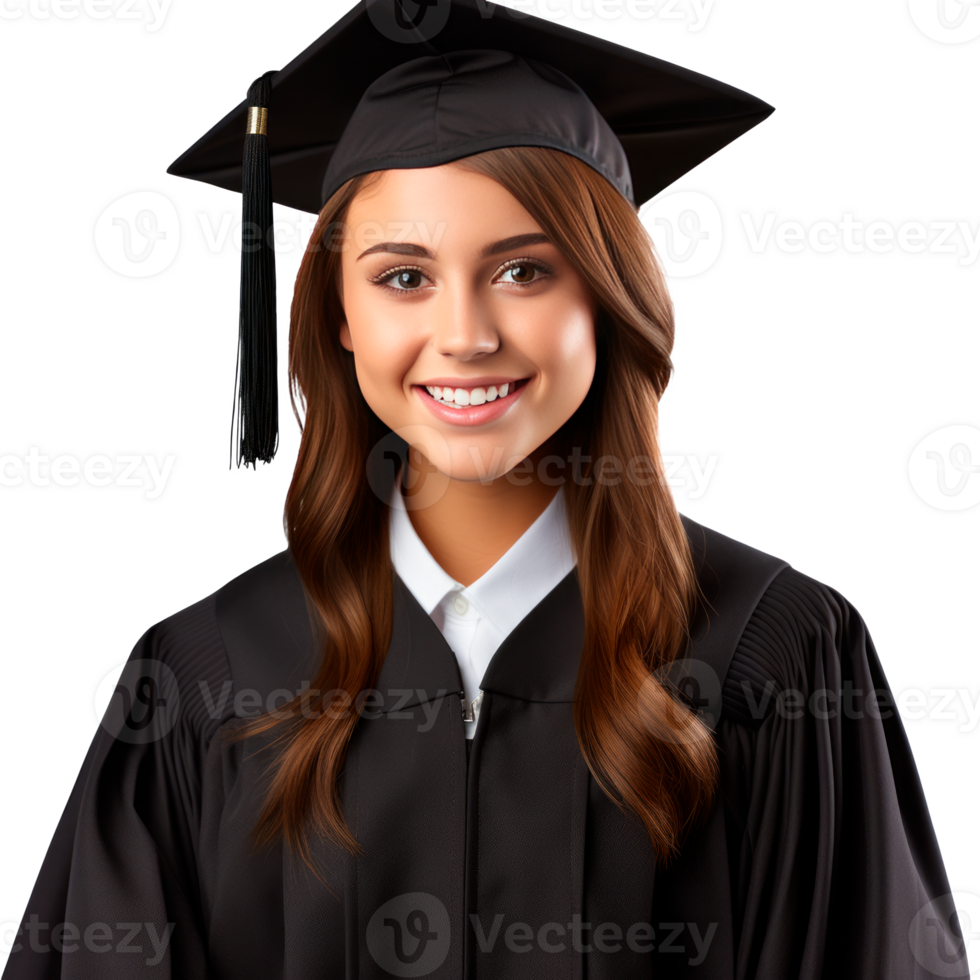 Smiling graduate wearing a cap and gown celebrating academic achievement. png