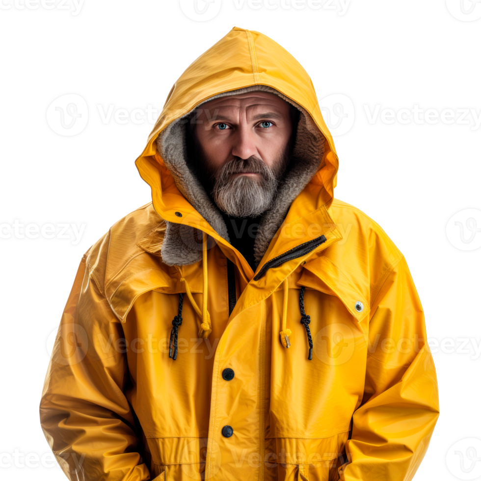 Portrait of a man in a yellow waterproof jacket against a transparent background png
