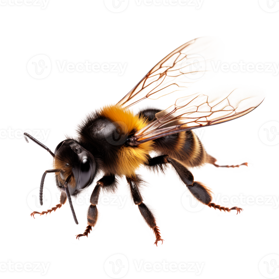 Detailed closeup of a bee showcasing its wings and body features png