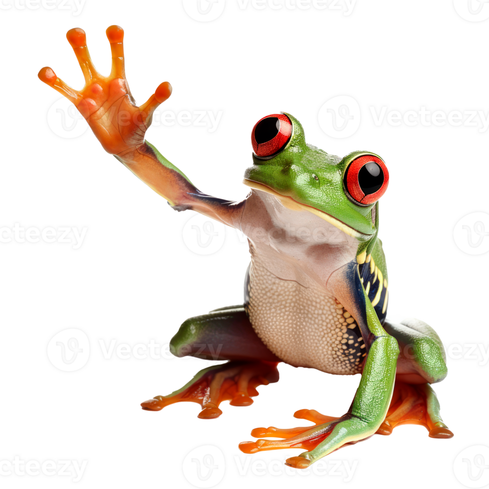 A vibrant tree frog with red eyes and colorful limbs isolated on transparent background. png