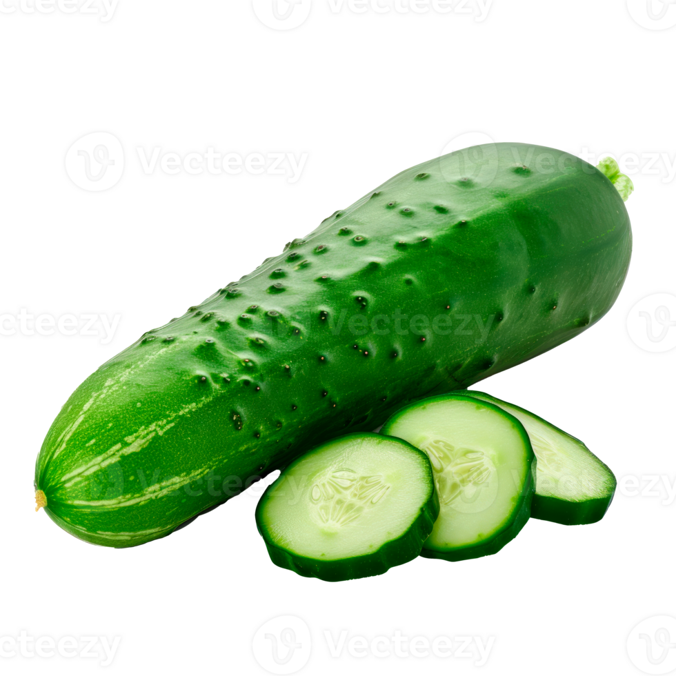 Fresh green cucumber with sliced pieces isolated on a transparent background png