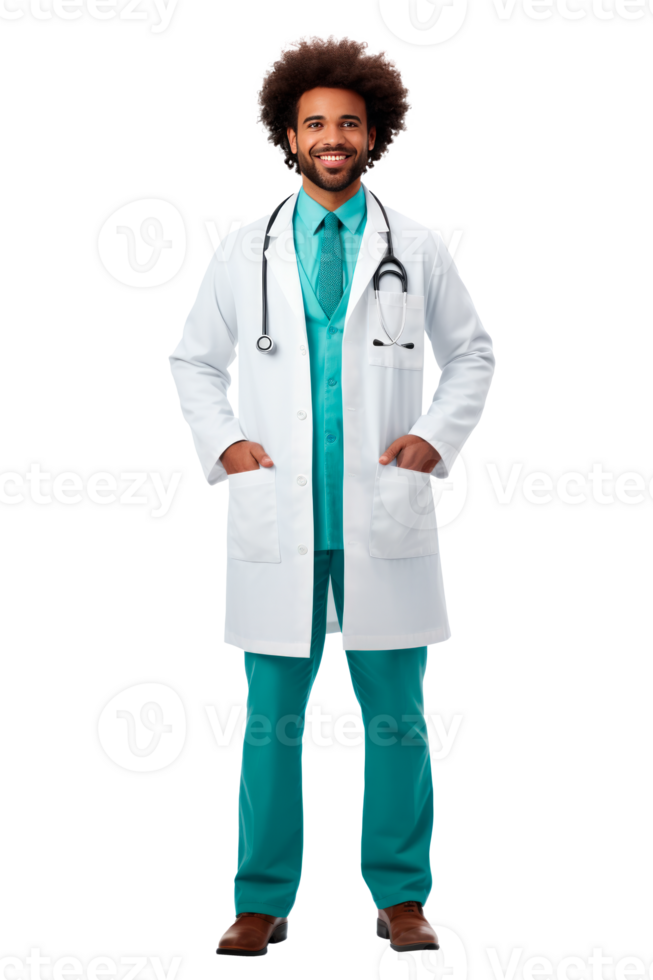 Male doctor in scrubs and lab coat smiling confidently for healthcare promotion png