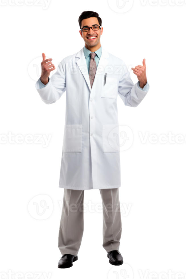 Smiling doctor in a lab coat poses confidently on a white background png