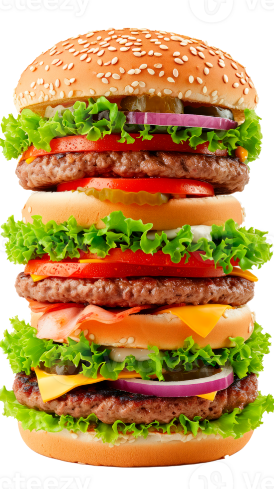 A tall, juicy hamburger loaded with fresh vegetables and cheese. png