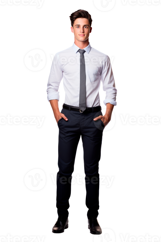 un confidente joven hombre en un formal negocio atuendo en pie con manos en bolsillos png
