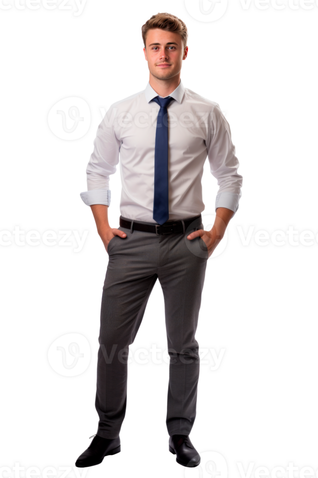 A confident young man in formal attire standing against a transparent background png