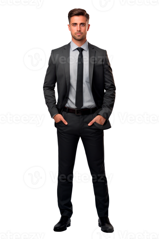 Professional man in a suit standing confidently with hands in pockets png