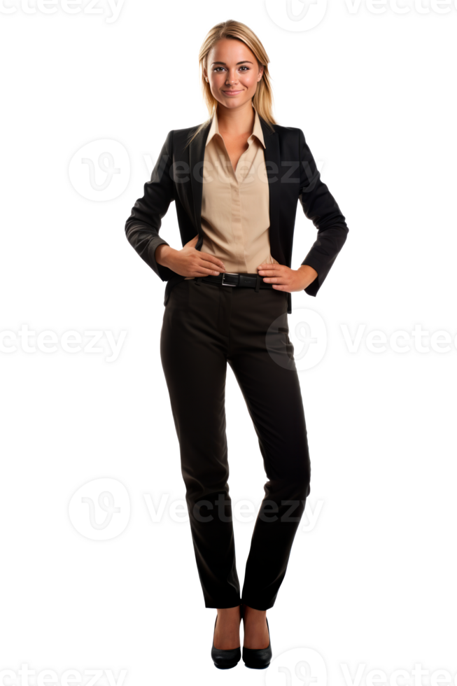 Professional woman in a suit posing confidently on a transparent background. png