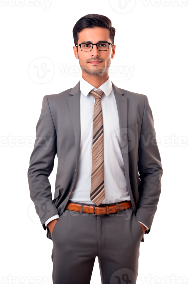Confident businessman in a suit posing with a smile on a transparent background png