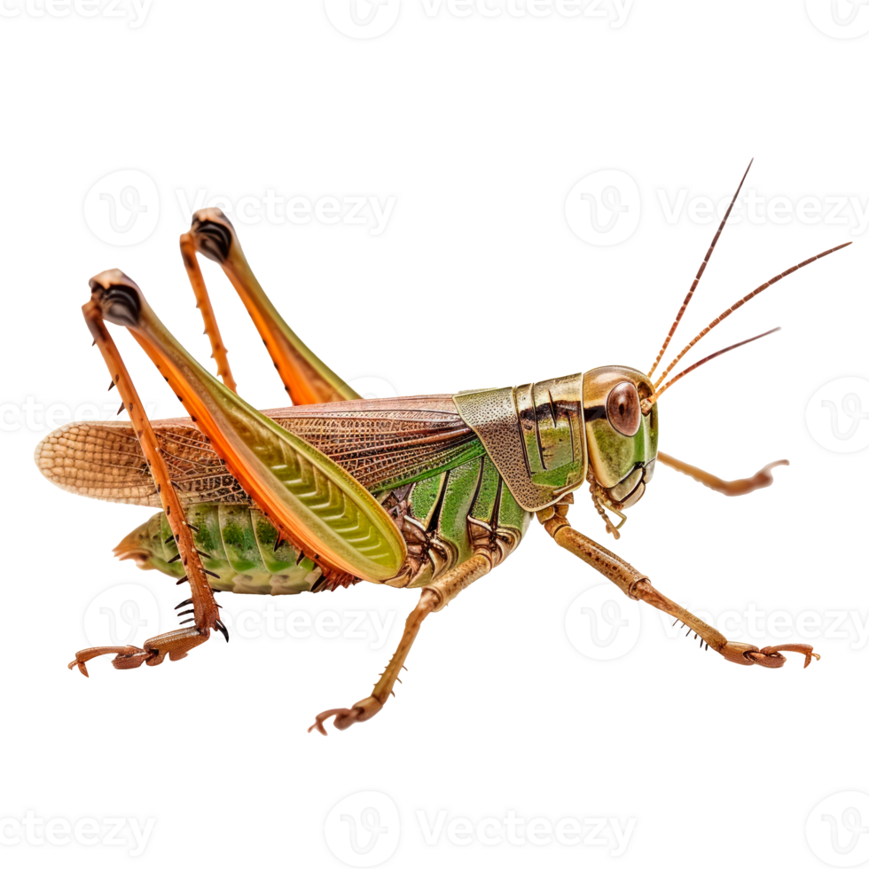 Detailed close-up of a vibrant grasshopper on a transparent background png