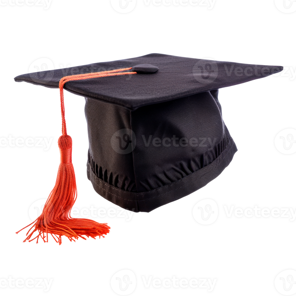 Black graduation cap with orange tassel isolated on transparent background png