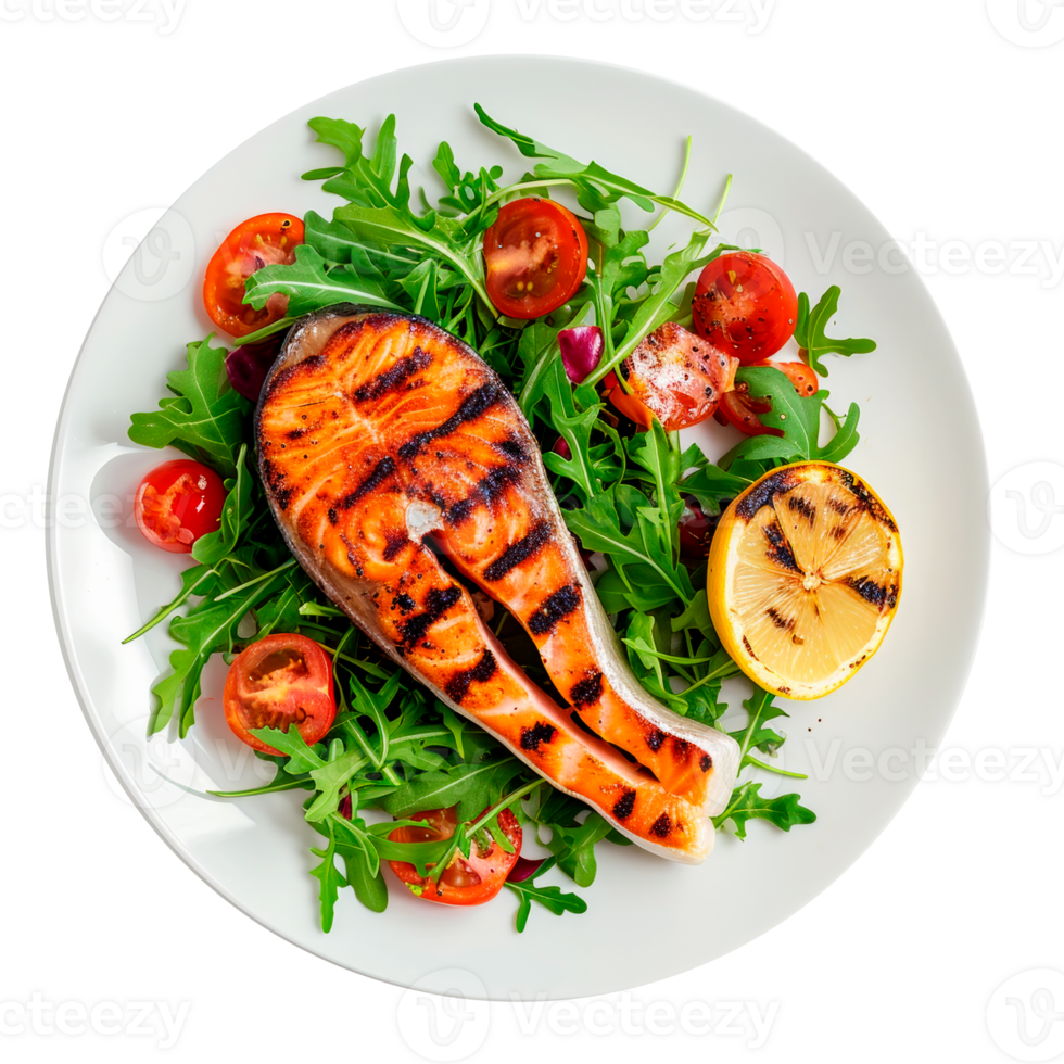 Grilled salmon fillet served on a bed of arugula and tomatoes png