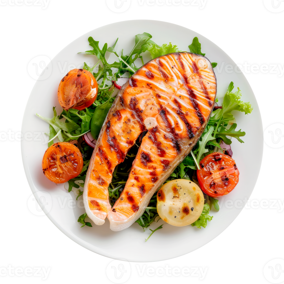 Grilled salmon served on a bed of fresh salad and vegetables png