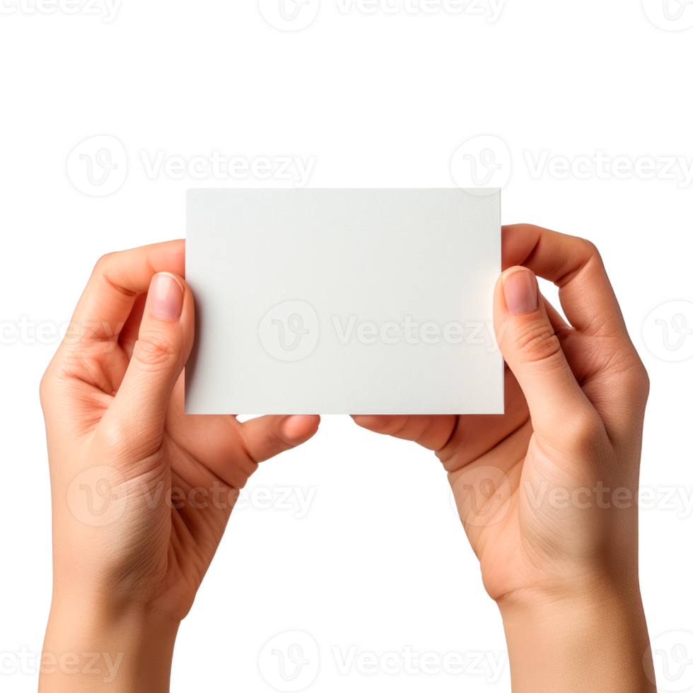 Hands holding a blank white card on a transparent background png