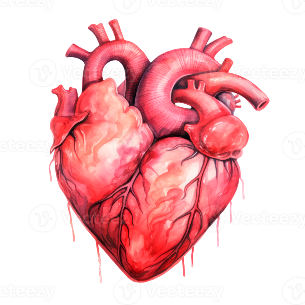 Realistic illustration of a human heart showing detailed anatomy and vascular structure png